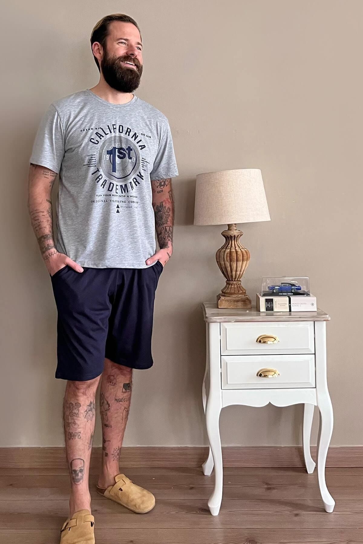 Pijamaevi-Σετ ανδρικής πιτζάμας Navy Blue California εμπριμέ κοντομάνικο με σορτς 6