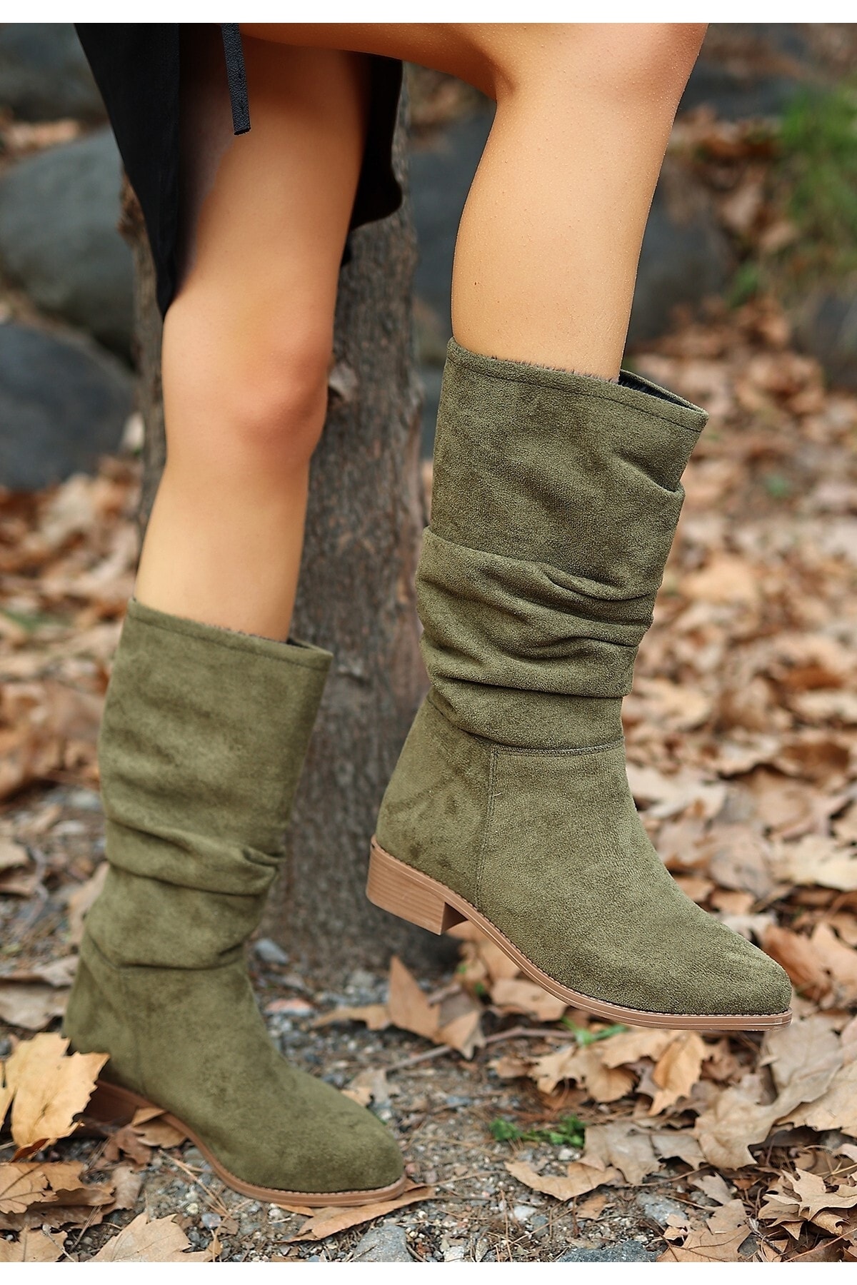 Haki Yeşil Süet Körüklü Çizme