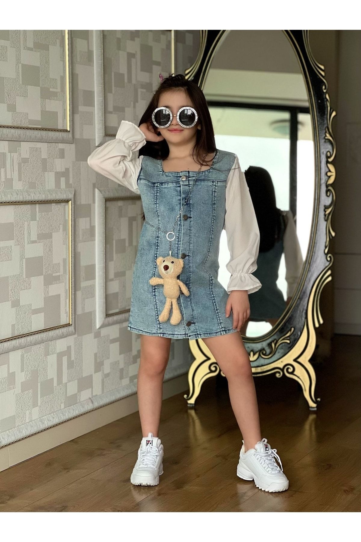 YUSUF Girl s Denim Dress with Teddy Bear Trendyol