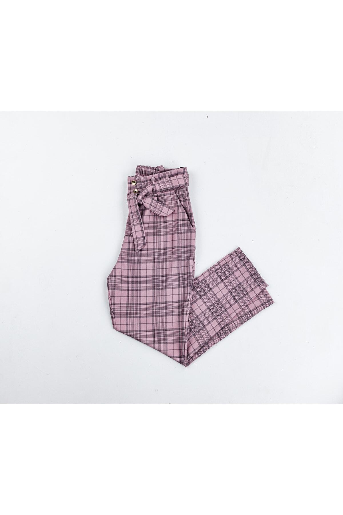 Plaid Striped Dabil Fabric Girls' Belted Trousers