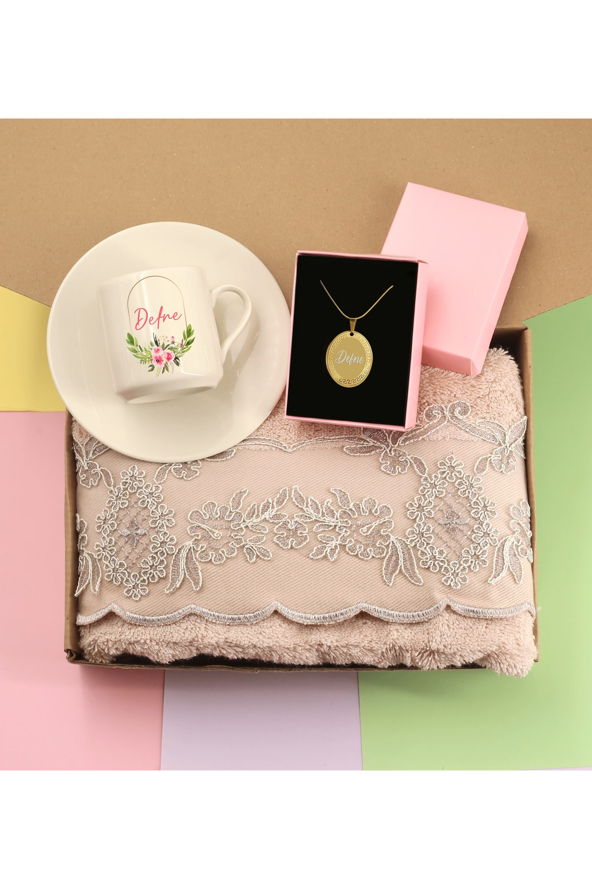 Personalized Named Printed Cup & Bamboo Towel & Gold Colored Necklace Gift Set for Mother's Day