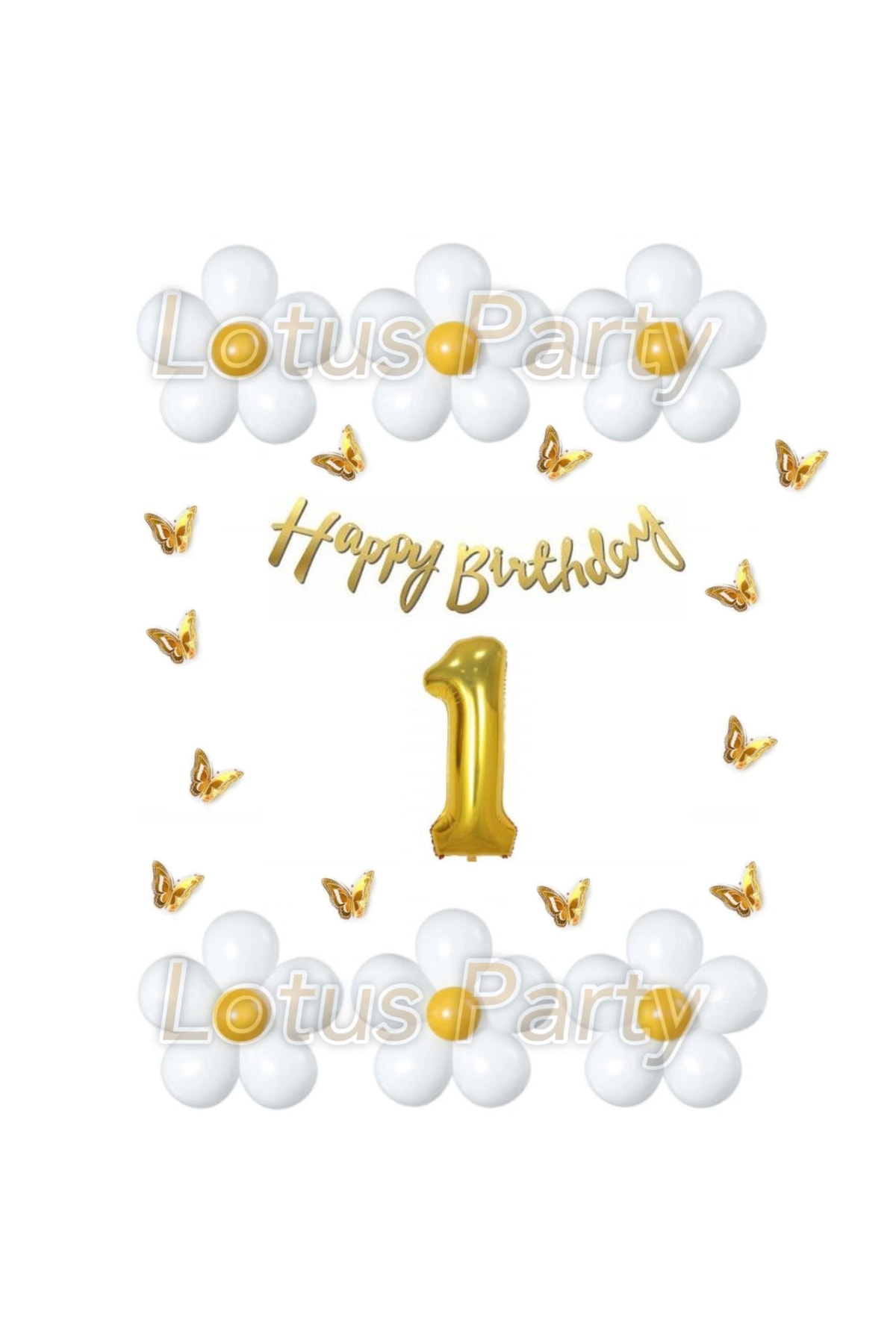 LOTUS PARTY 1 Yaş Kelebekli Papatya Temalı Balon Seti Beyaz Sarı Balon Happy Birthday Gold Yazı - Gold Rakam