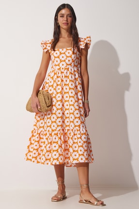 Happiness İstanbul Kadın Oranj Kare Yaka Fırfırlı Kollu Yazlık Elbise TO00059