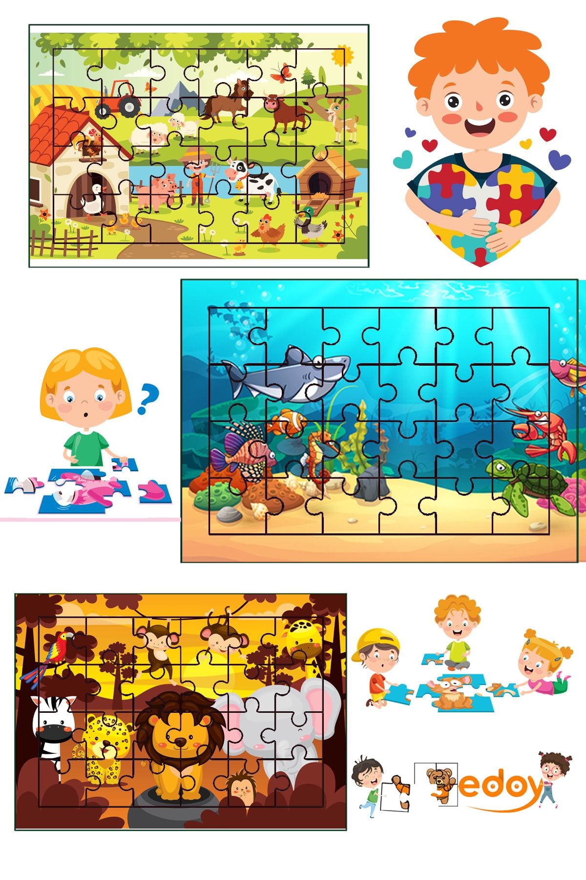 edoy Ahşap Çocuk Puzzle 24 Parça 3lü Set 2-4 Yaş Çocuklar Için Özel Tasarlanmıştır Model2 3lü Puzzle Seti