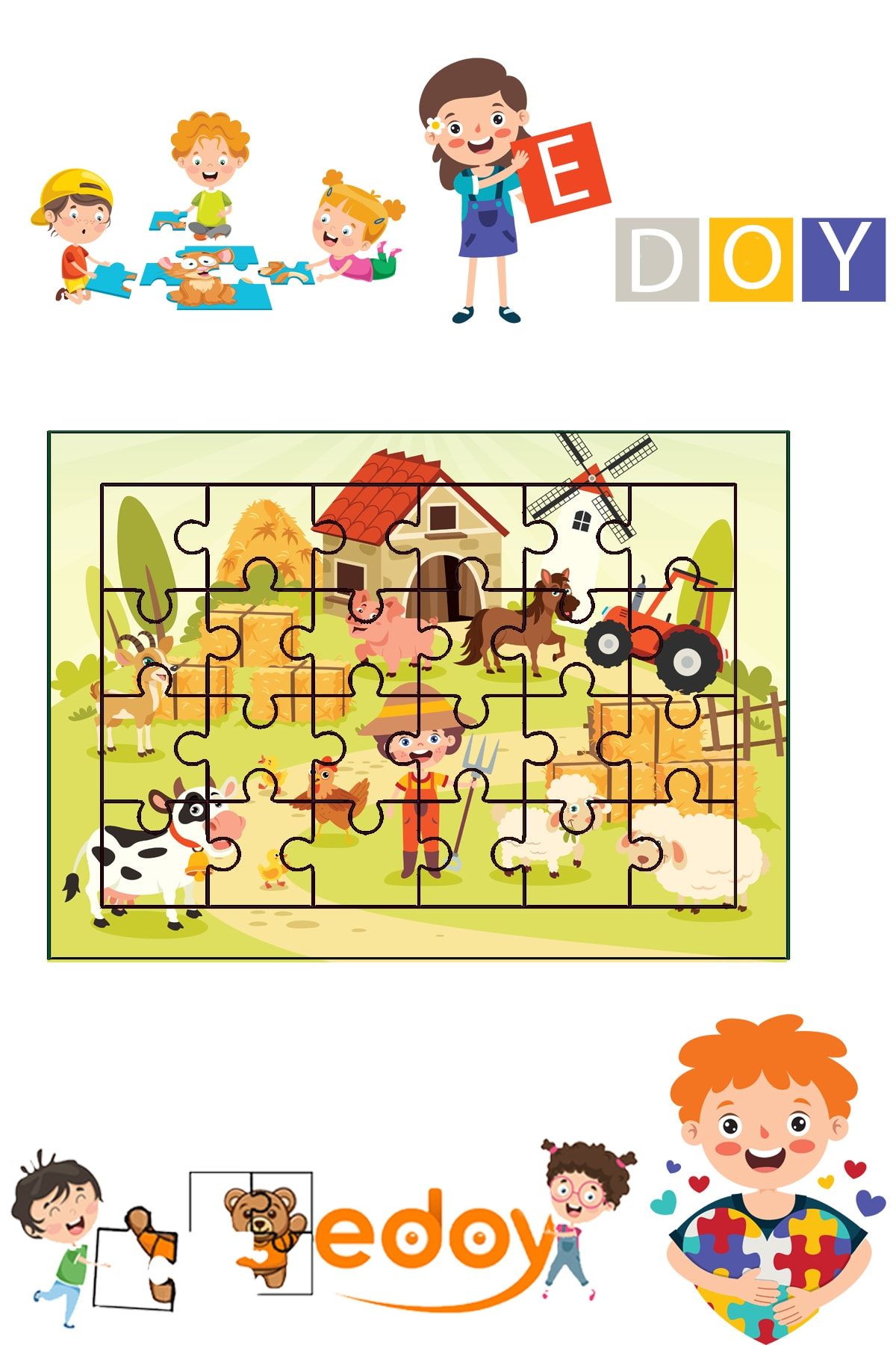 edoy Ahşap Çocuk Puzzle 24 Parça 3lü Set 2-6 Yaş Çocuklar Için Özel Tasarım 21cm X 15 Cm Model4 Puzzleset
