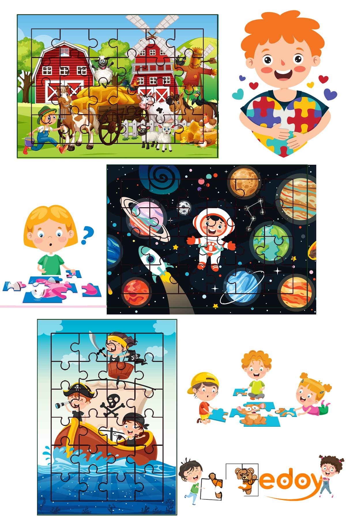 edoy Ahşap Çocuk Puzzle 24 Parça 3lü Set 2-4 Yaş Çocuklar Için Özel Tasarlanmıştır Model1 3lü Puzzle Seti
