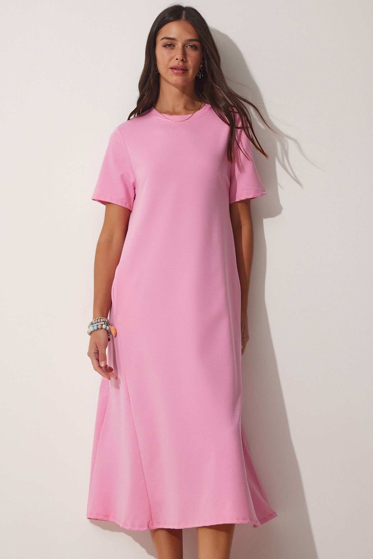 Happiness İstanbul Rosafarbenes A-Linien-Sommerkleid aus gekämmter Baumwolle für Damen UB00060