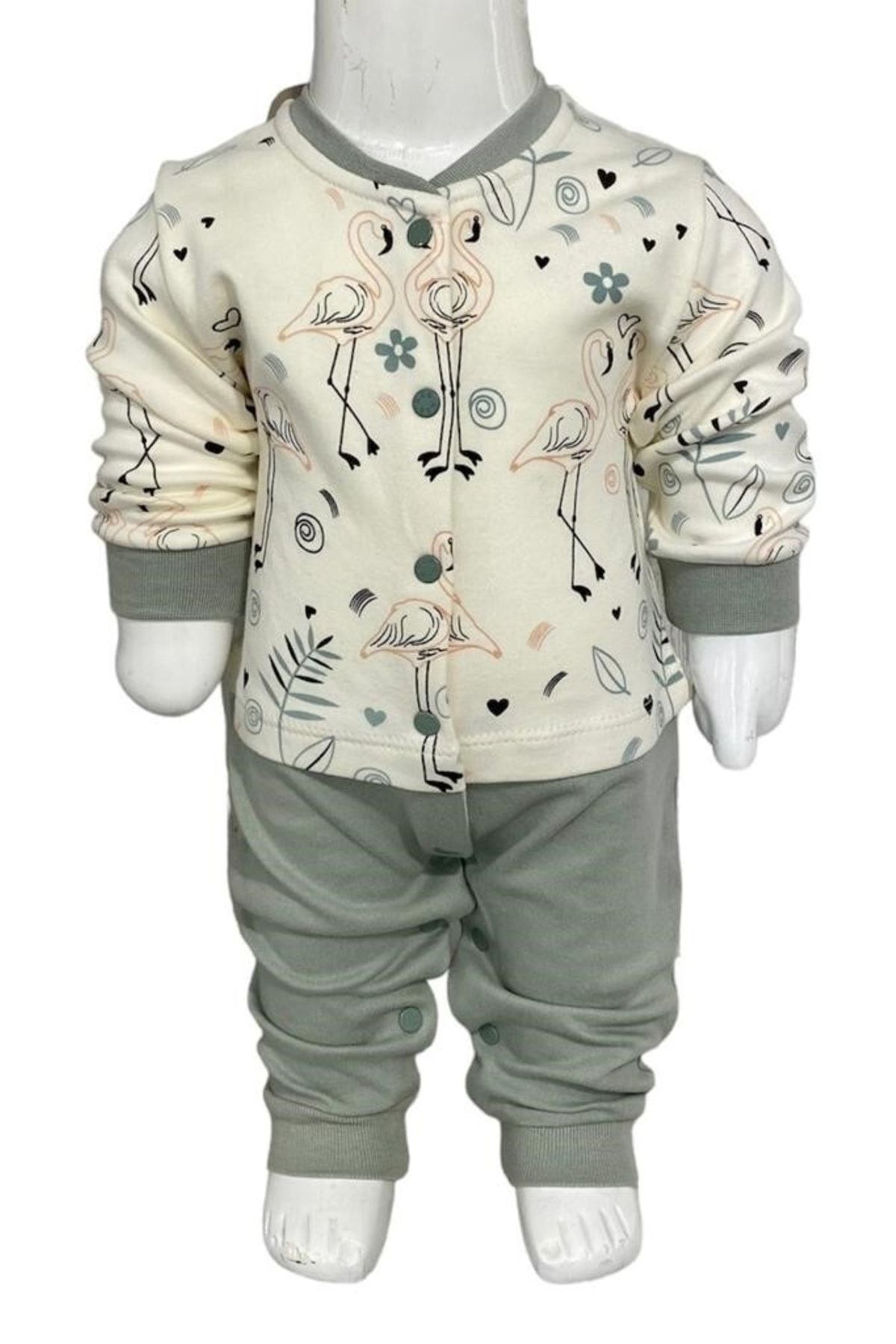 Aziz Bebe-Flamingo Patterned Snap-on Footless (without booties) Jumpsuit for 0-6 Months 1