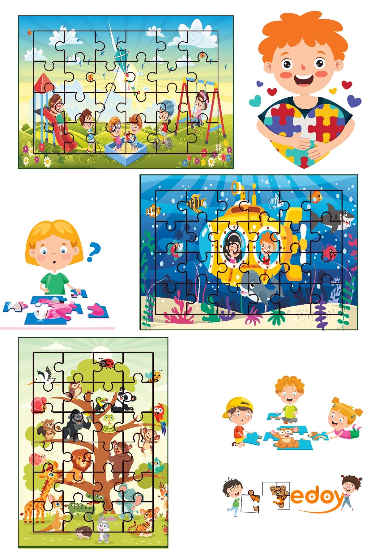 edoy Ahşap Çocuk Puzzle 24 Parça 3lü Set 2-6 Yaş Çocuklar Için Özel Tasarım 21cm X 15 Cm Model3 Puzzleset
