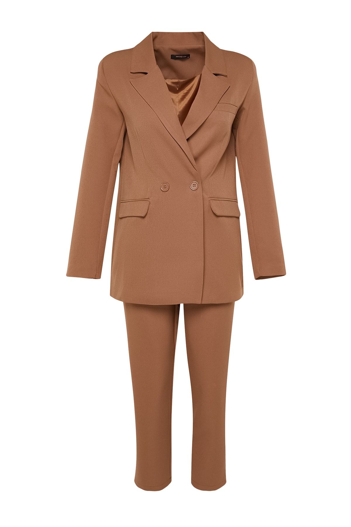 Trendyol Modest-Kamelfarbenes Blazer-Jacken-Hosen-Set aus gewebtem Oberteil und Unterteil TCTAW23US00132 8
