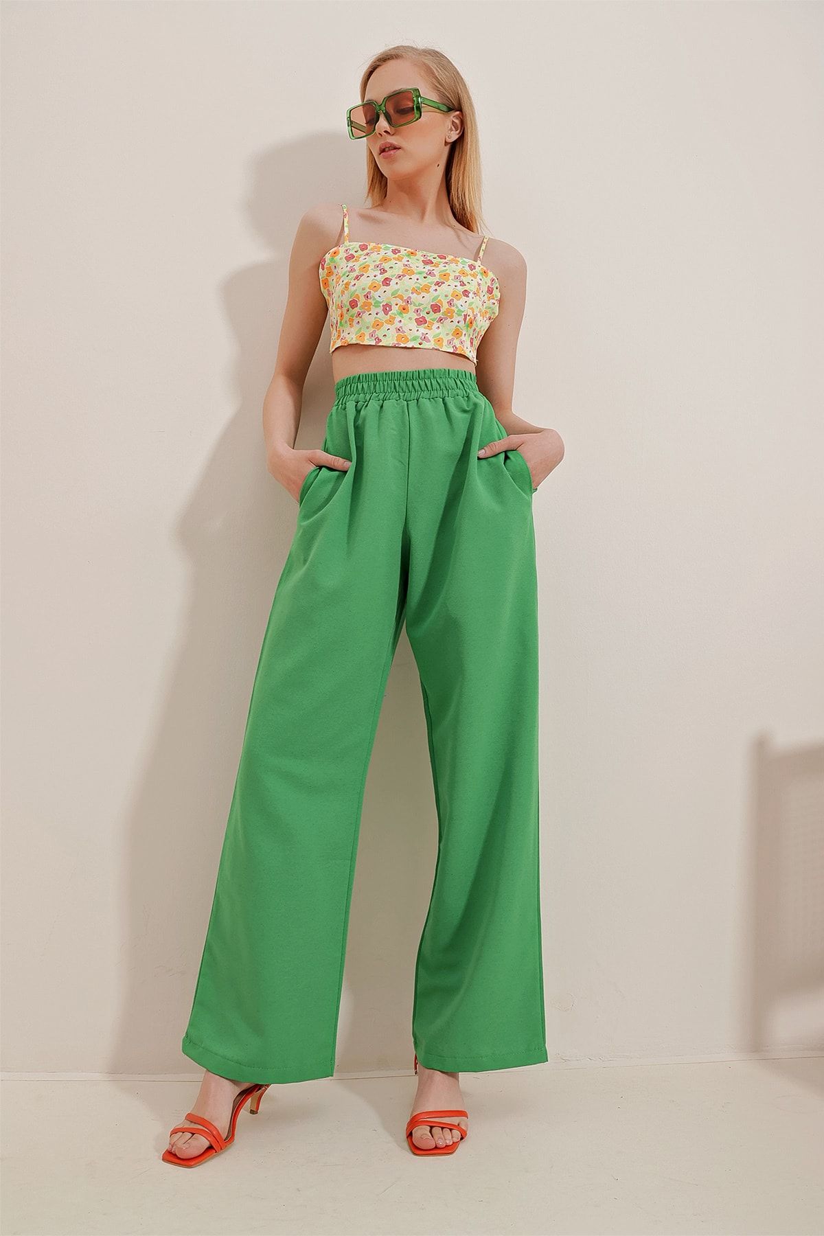 Trend Alaçatı Stili Hose Grün Wide Leg