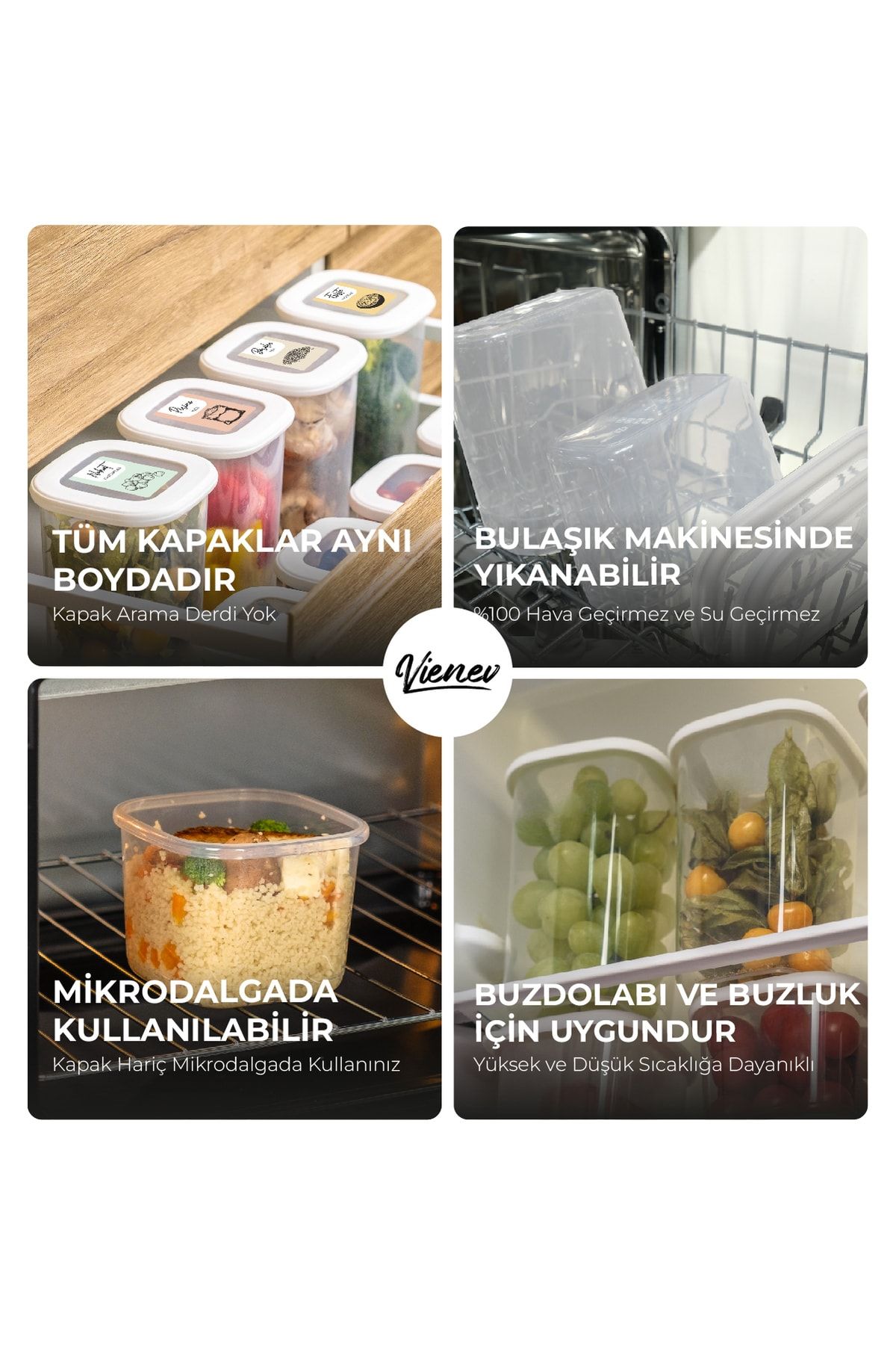 Vienev-Square Food Storage Container with Colorful Label Set of 15 5x (0.55 Liters, 1.2 Liters, 1.75 Liters) White 7