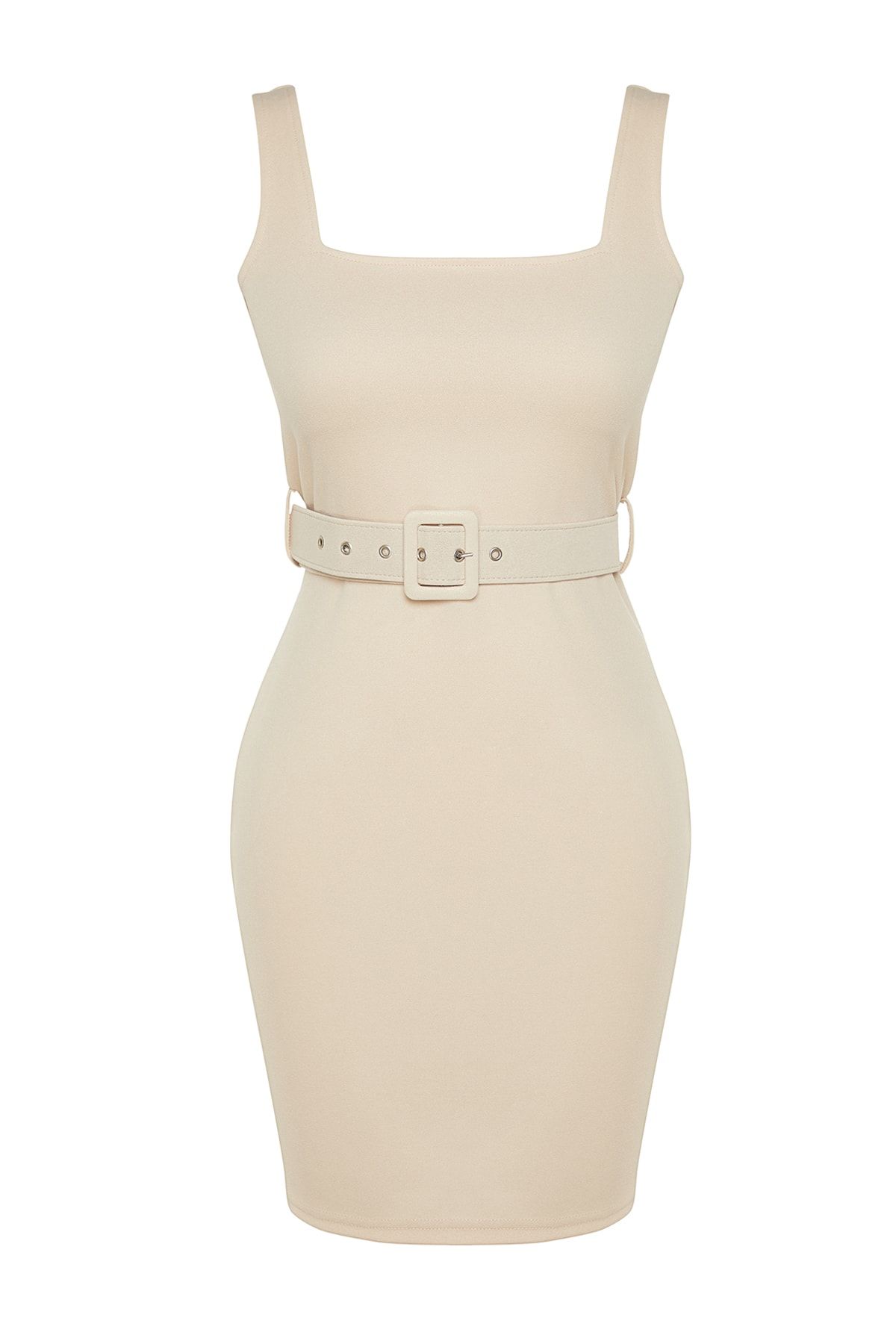 Missguided high neck ribbed belted dress in beige on sale
