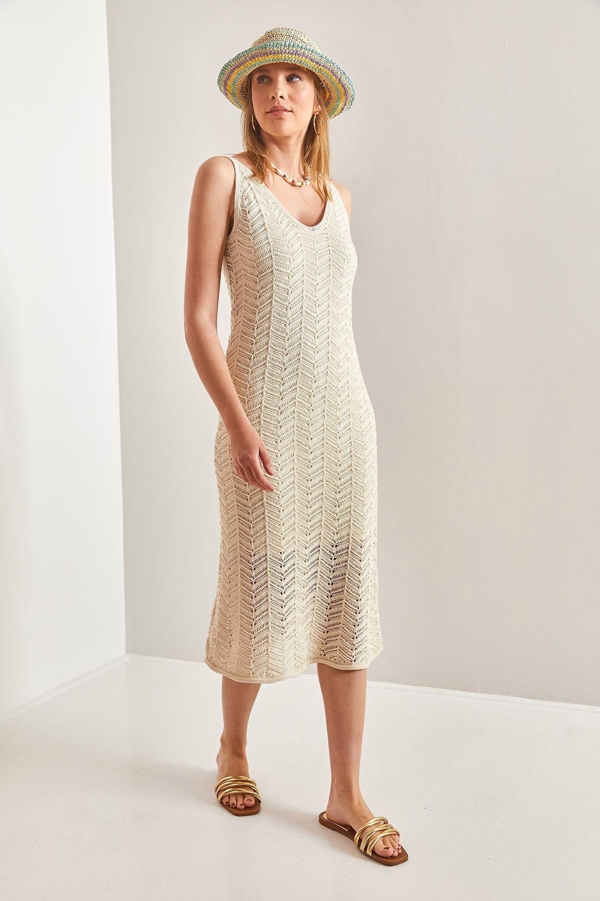 Bianco Lucci-Durchbrochenes Sommer-Strickkleid mit Trägern für Damen 5