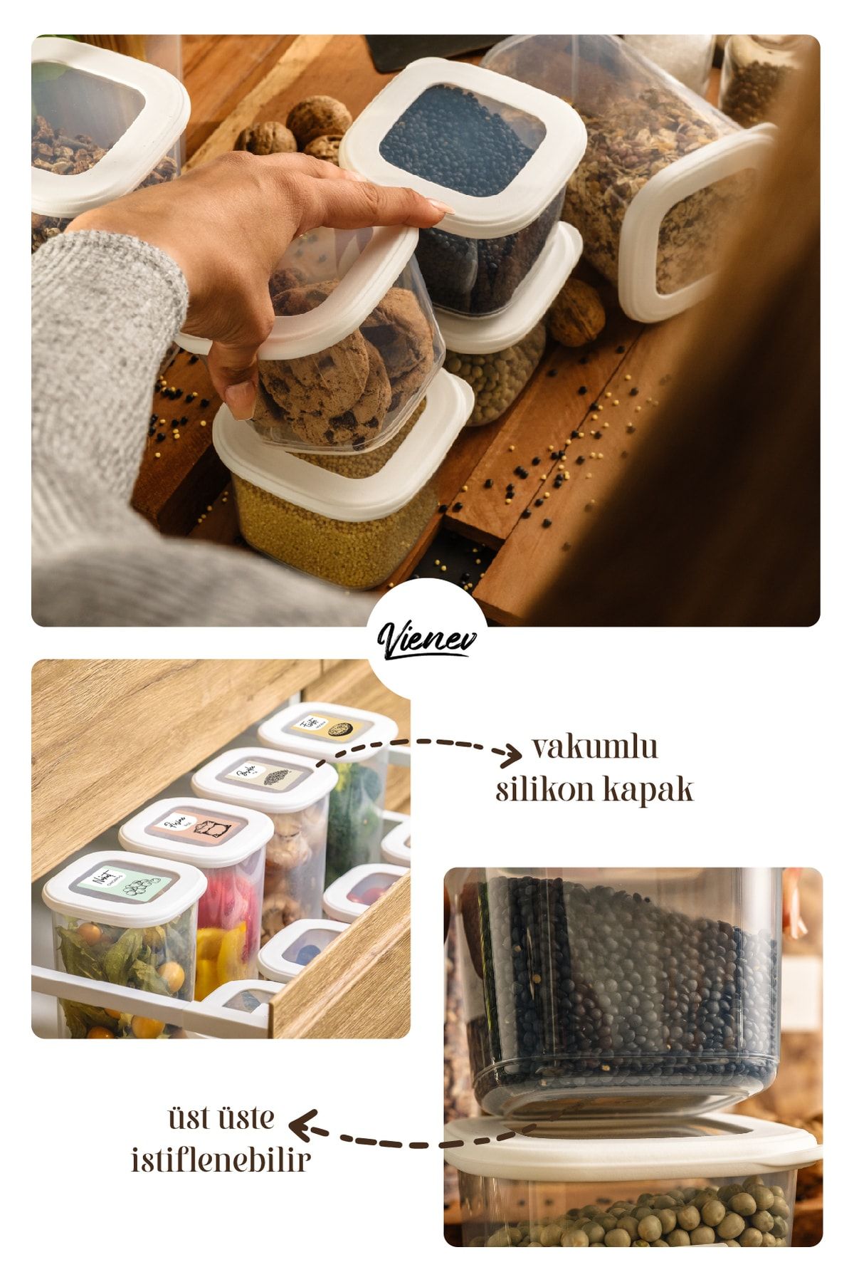 Vienev-Square Food Storage Container with Colorful Label Set of 15 5x (0.55 Liters, 1.2 Liters, 1.75 Liters) White 4