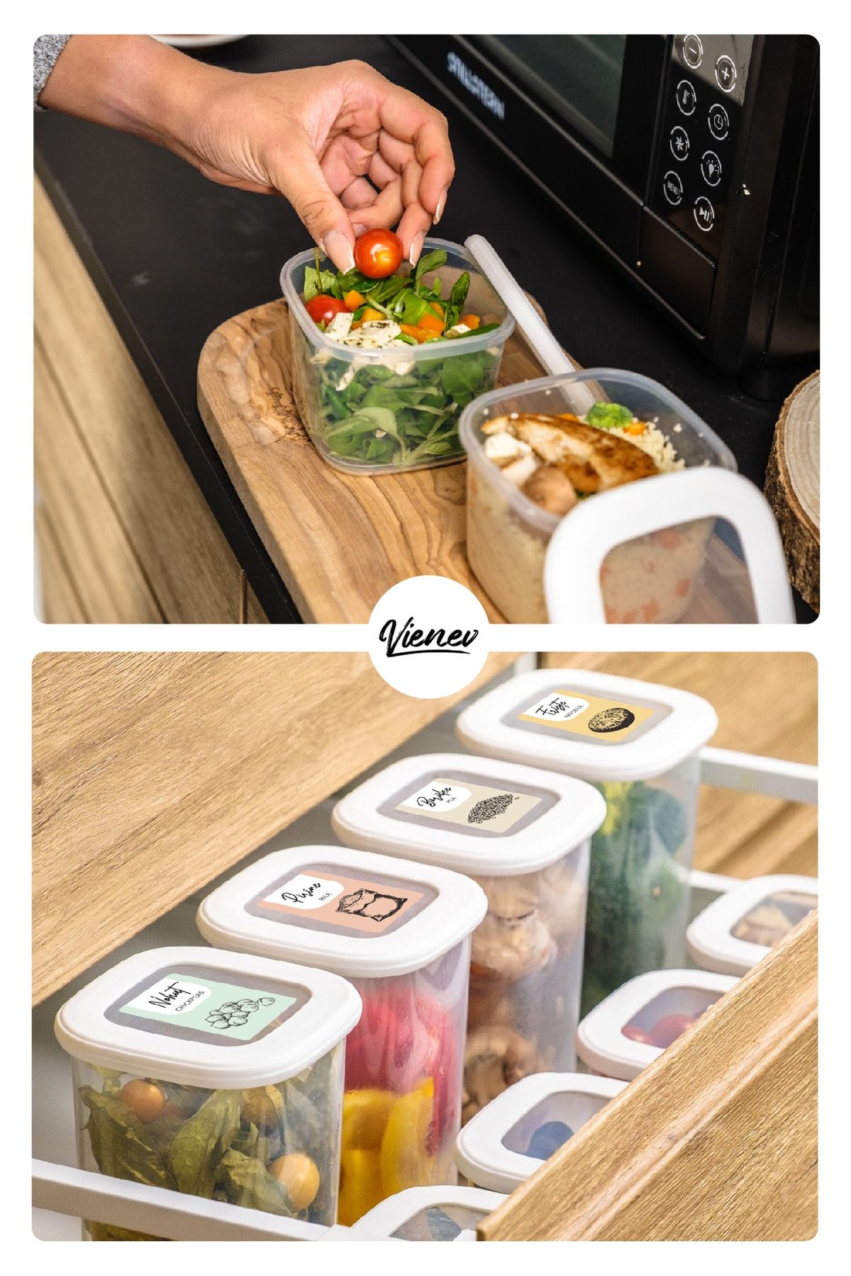 Vienev-Square Food Storage Container with Colorful Label Set of 15 5x (0.55 Liters, 1.2 Liters, 1.75 Liters) White 6