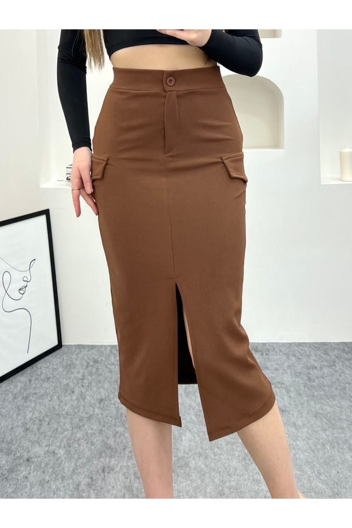 Tarz Cool Brown Women s Pocket Flap Lycra Pencil Skirt Trendyol