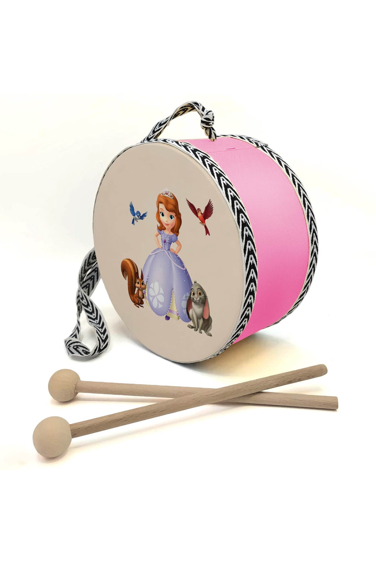 BAKSEPETE Prenses Baskılı Gerçek Deri Oyuncak Çocuk Davulu 1-5 Yaş (PEMBE RENK)