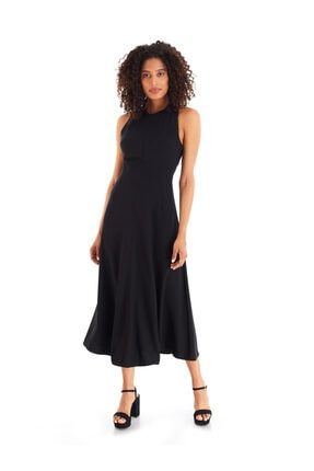 Kadın siyah Sırtı Çapraz Midi Elbise W-W -CBDRSS-BLK