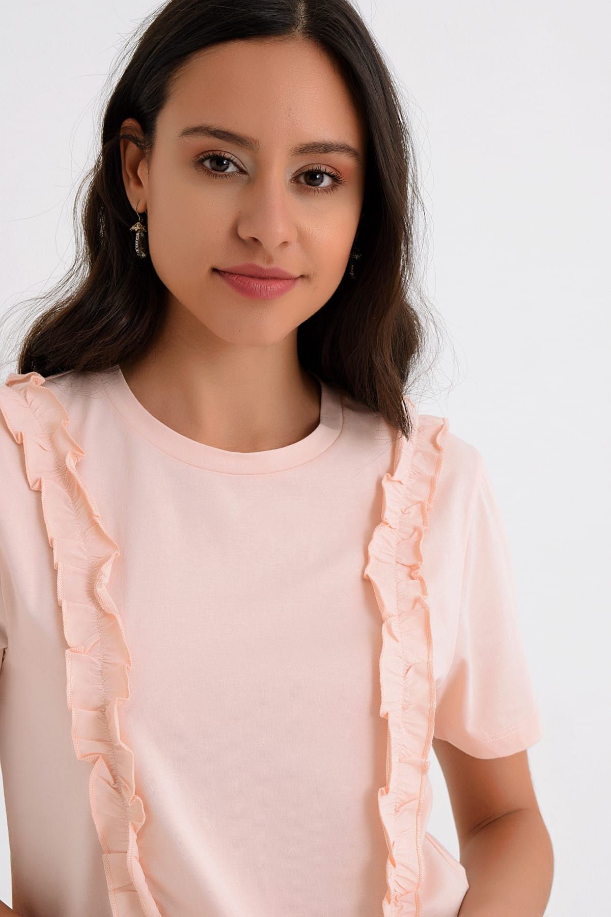 Hanna's by Hanna Darsa-Women's Salmon Frilly Neck Hanna's Embroidered T-shirt Hn1663 4