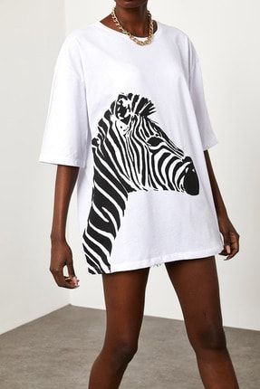 Kadın Beyaz Baskılı Salaş T-Shirt 1KZK1-11642-01