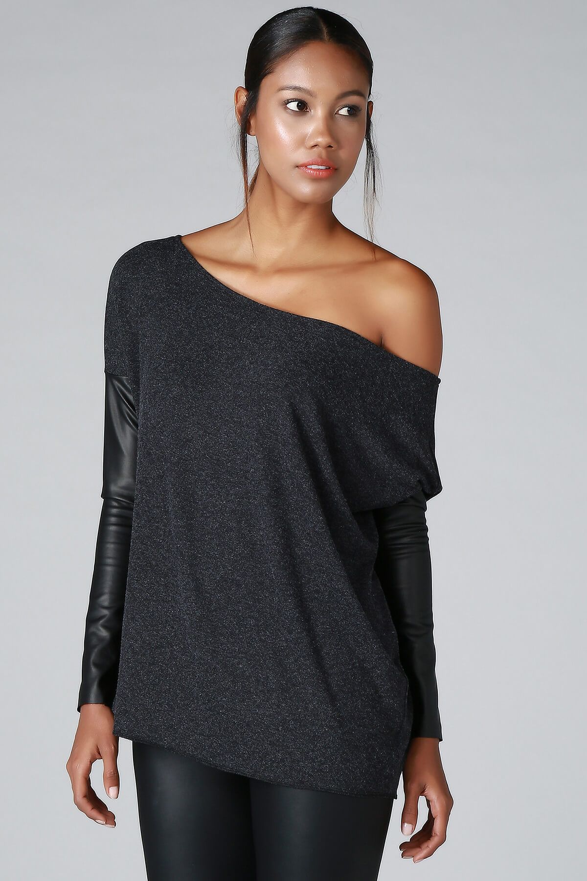 Quincey-Women's Smoked Leather Sleeve Detail Knitwear Sweater BD2288 2
