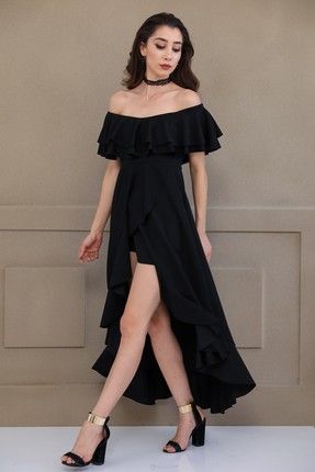 Kadın Kayık Yaka Siyah Elbise ELB001509315