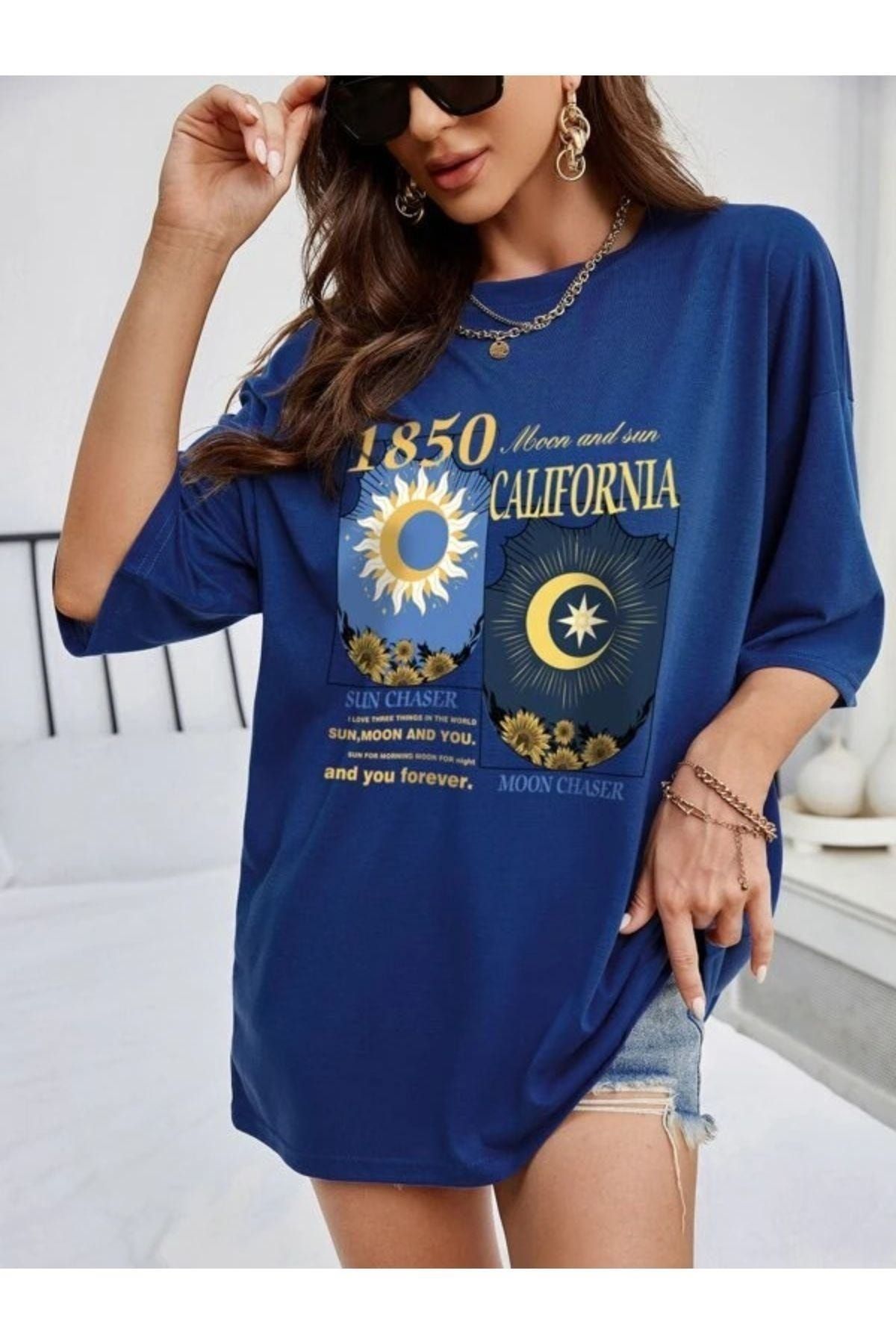 Benisengiydir Blaues 1850 Oversize-T-Shirt mit Rundhalsausschnitt für Damen  - Trendyol