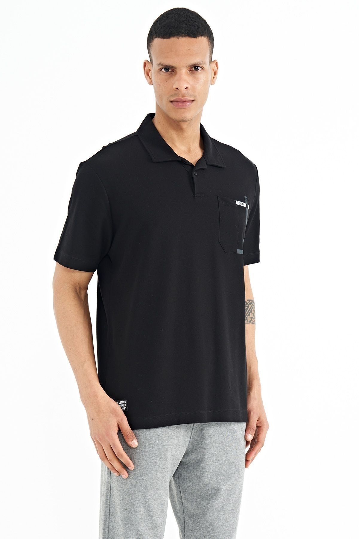 Tommy Life Black Pocket Detailed Printed Standard Fit Polo Neck