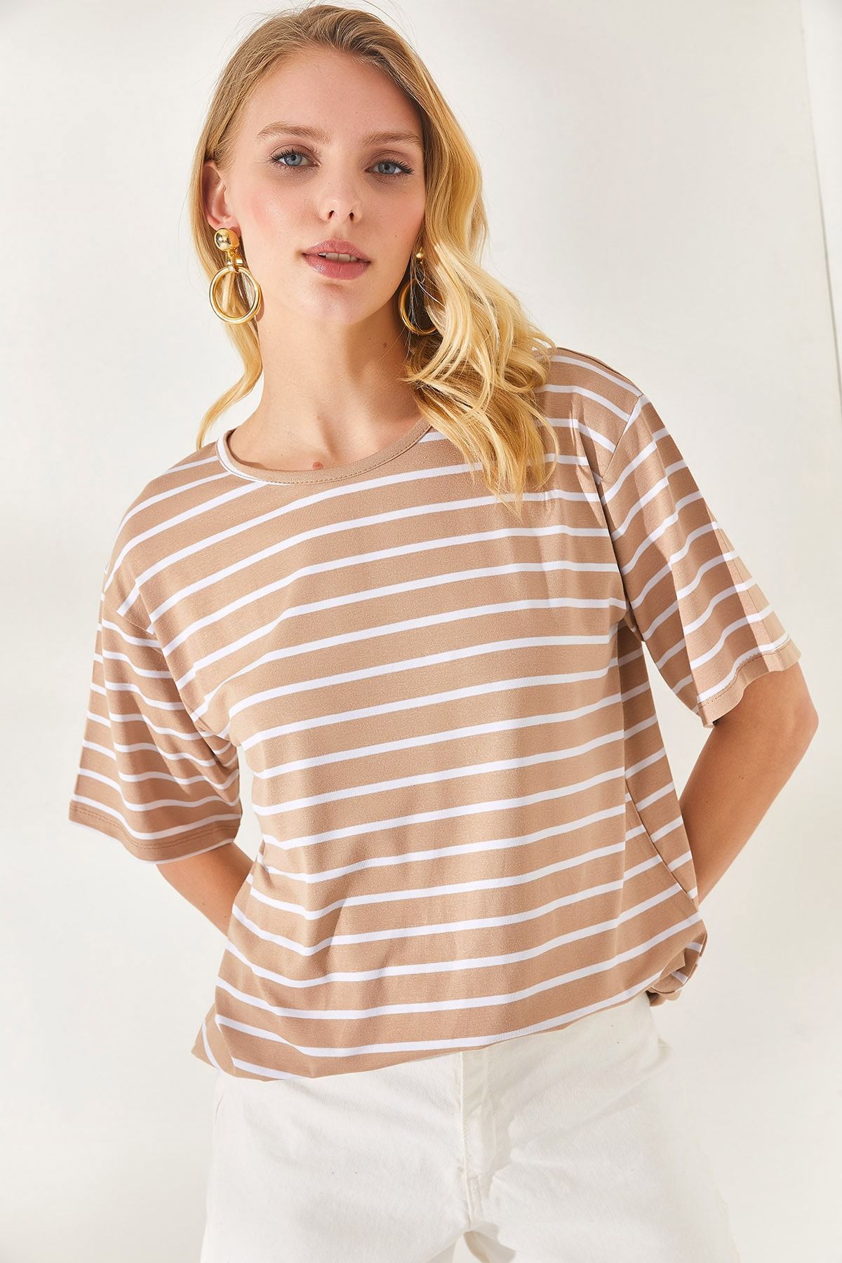 Olalook-Women's Camel Striped Casual T-Shirt TSH-19000283 5