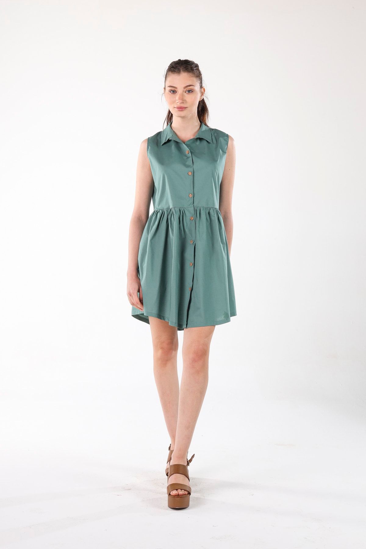 ALIS DRESS Бирюзовое платье с рубашечным воротником RBA-1006