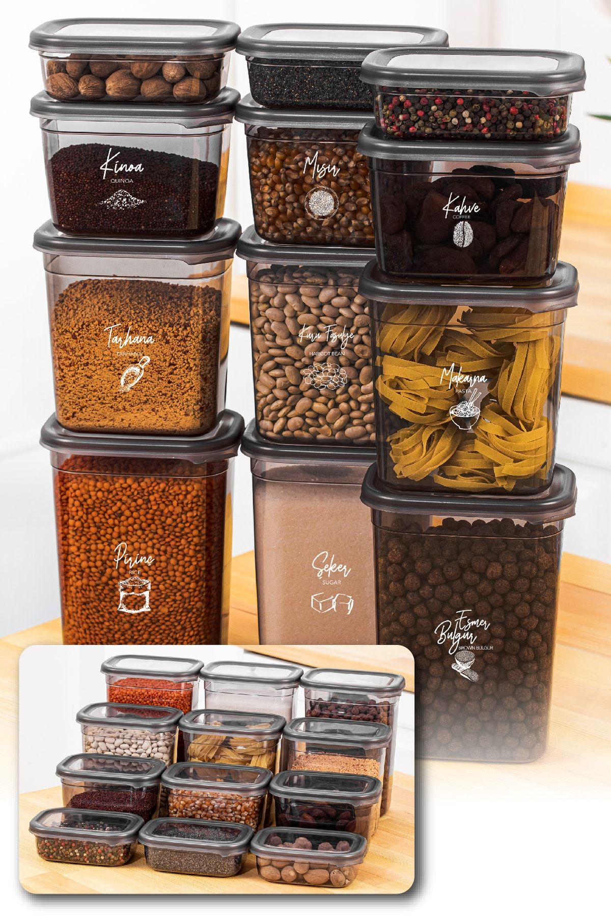 Vienev-Set of 24 Peggy Rectangular Storage Containers 6x(1500-1150-800-400 Ml) with Screen Printing Label, Anthracite 2