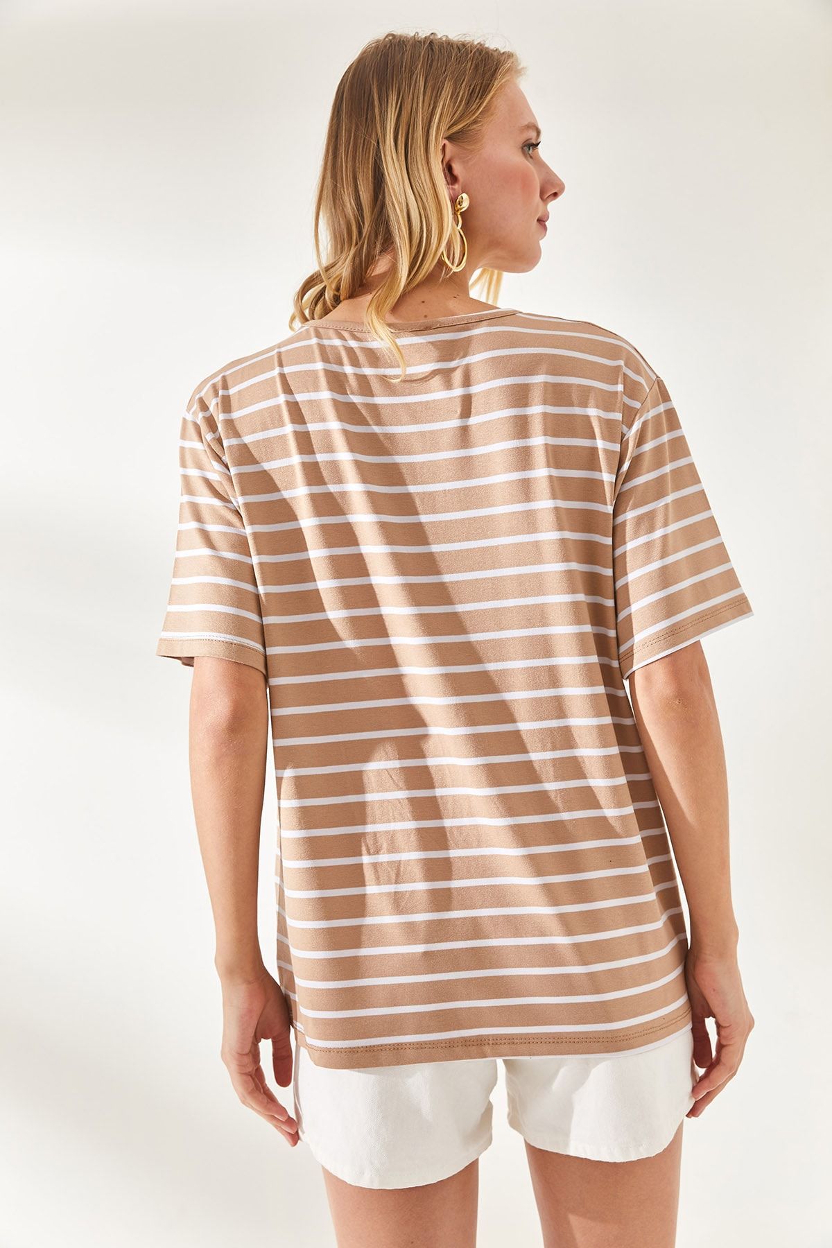 Olalook-Women's Camel Striped Casual T-Shirt TSH-19000283 6