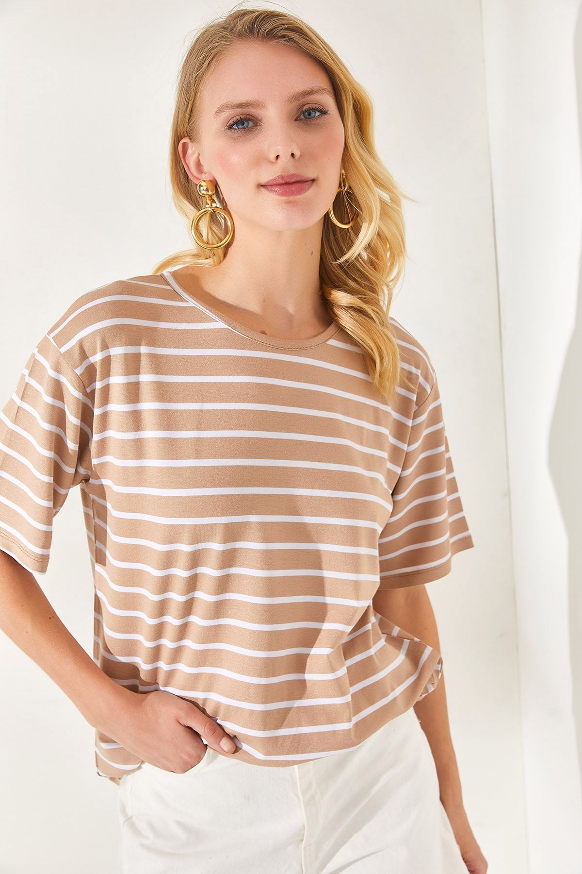 Olalook-Women's Camel Striped Casual T-Shirt TSH-19000283 2