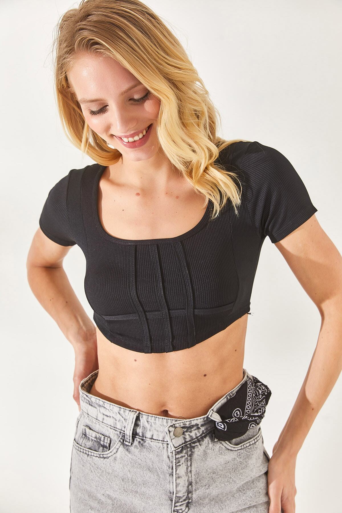 Olalook-Schwarze Damen-Korsettbluse mit quadratischem Kragen und bauchfreiem Schnitt BLZ-19002286 3