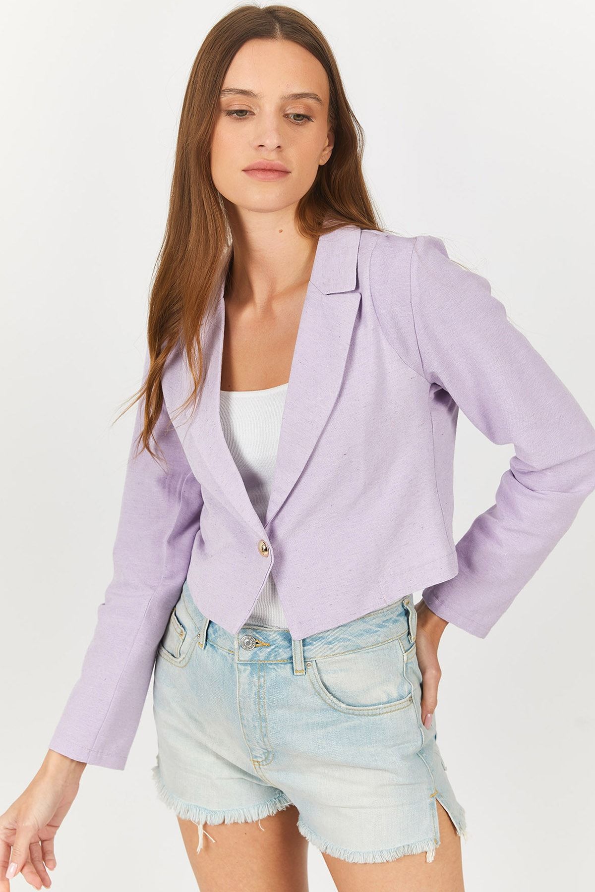 armonika Women s Lilac Single Button Crop Jacket Arm 23y001064