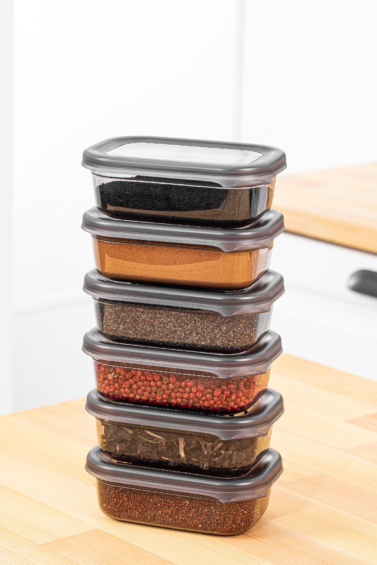 Vienev-Set of 6 Peggy Rectangular Spice Storage Containers with White Screen Printing Label 400 ml Anthracite 2