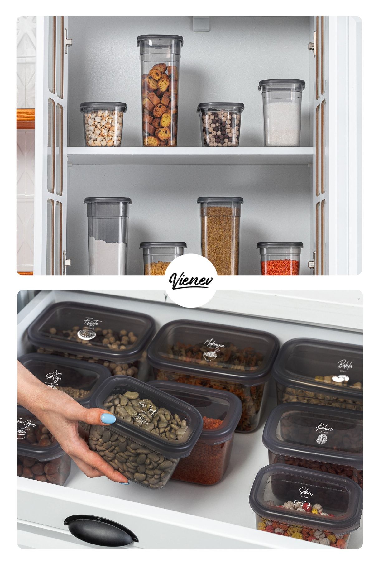 Vienev-Set of 24 Peggy Rectangular Storage Containers 6x(1500-1150-800-400 Ml) with Screen Printing Label, Anthracite 6