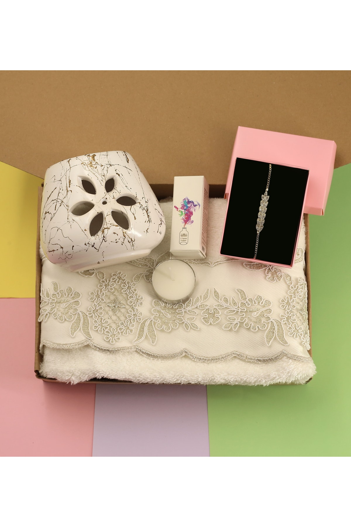 Lotus Censer & Censer Scent & Zircon Bracelet & Towel Gift Set for Mother's Day