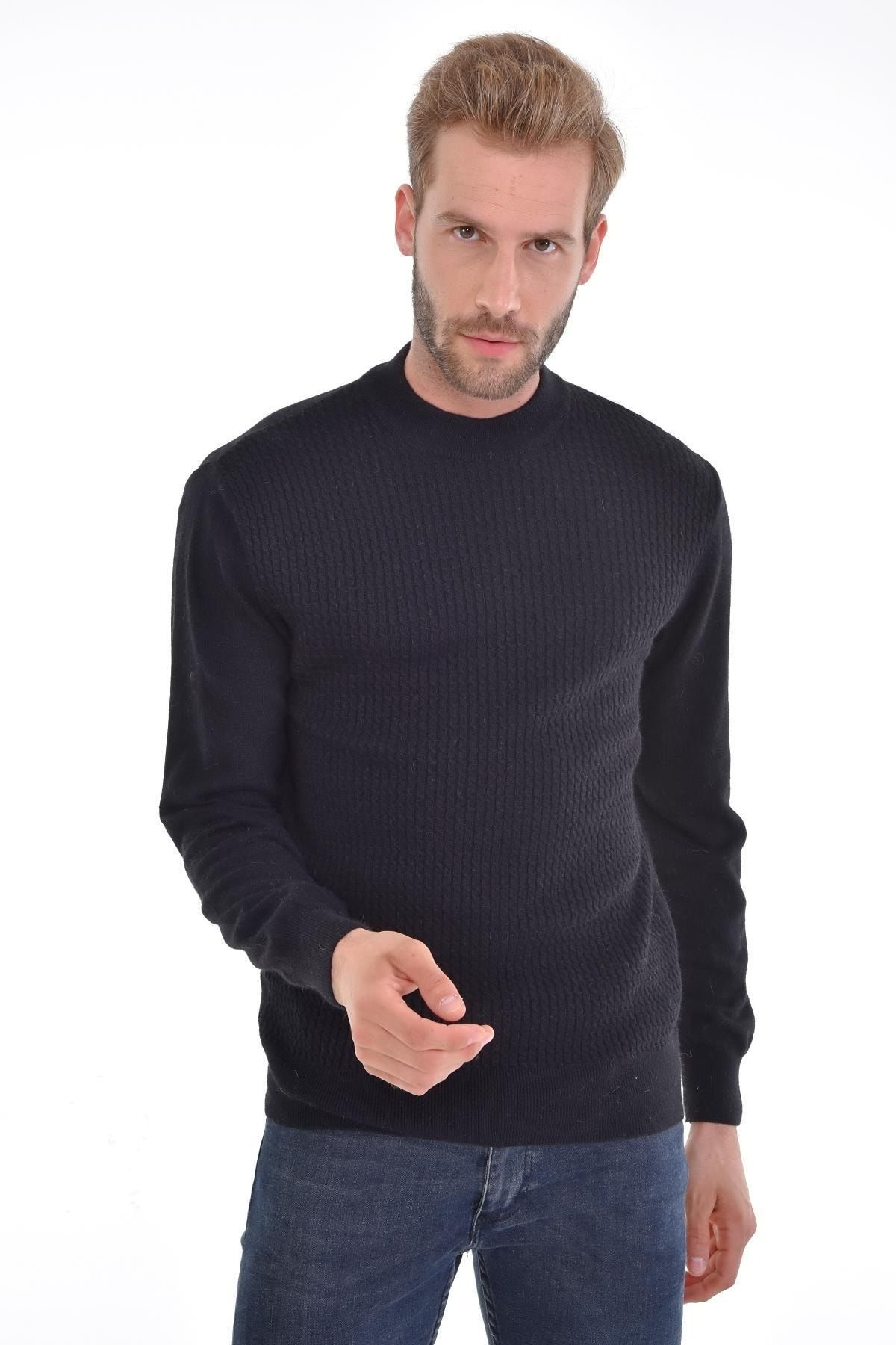 Çizgi Triko-Men's Half Fisherman Angora Rabbit Wool Black Sweater Regular Pattern 2