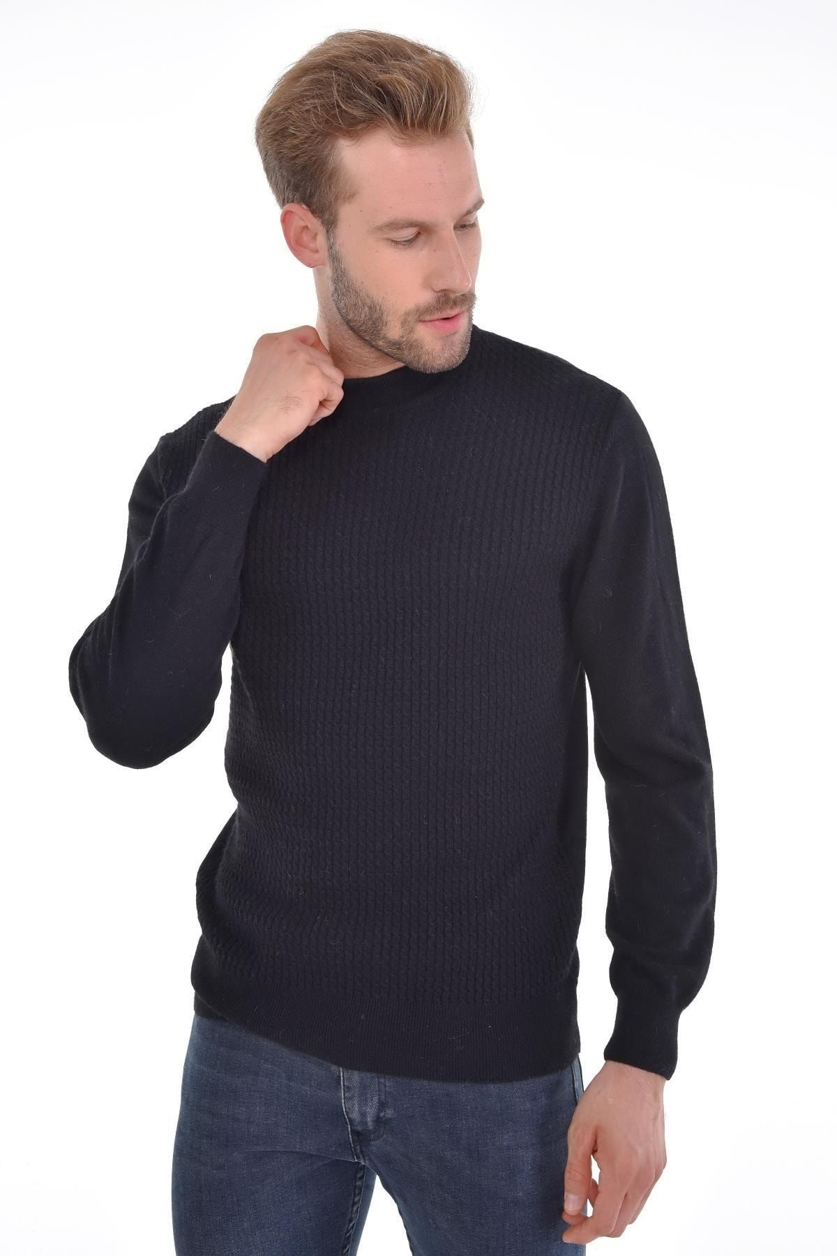 Çizgi Triko-Men's Half Fisherman Angora Rabbit Wool Black Sweater Regular Pattern 4