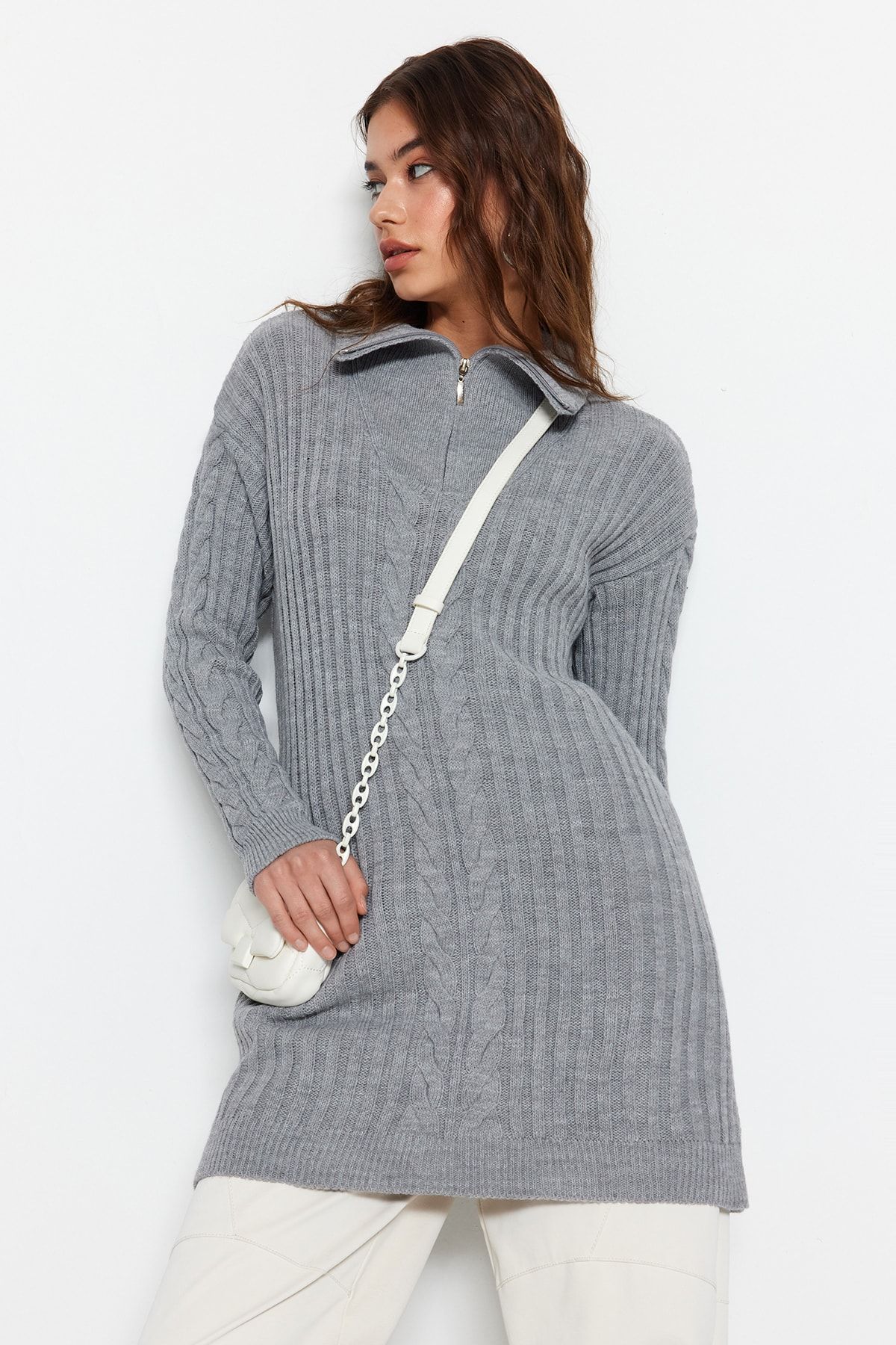 Trendyol Modest-Pulover gri Thessaloniki tricotat cu fermoar TCTAW23AK00017 3