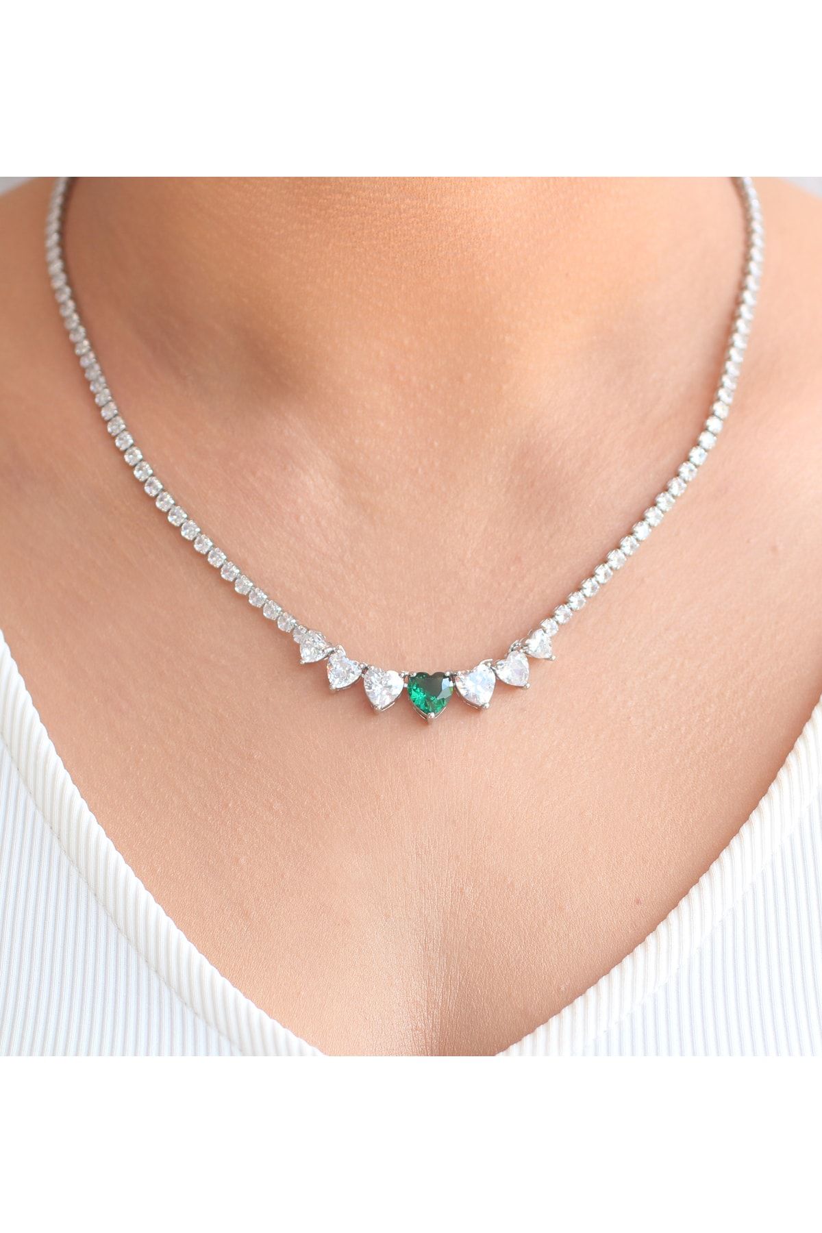 zlyaccessories Steel Necklace Green Zircon Trendyol