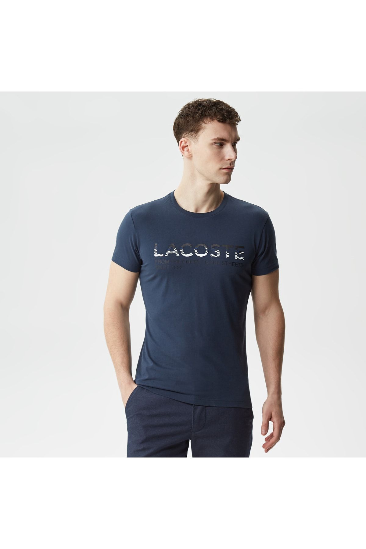 Lacoste یقه دوچرخه مناسب مردان چاپ شده تی شرت آبی نیروی دریایی