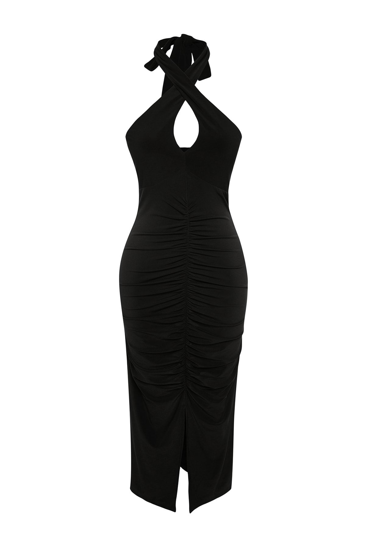 Trendyol Collection-Schwarzes, drapiertes Neckholder-Bleistiftkleid aus flexiblem Strick in Midilänge TWOSS23EL02370 8
