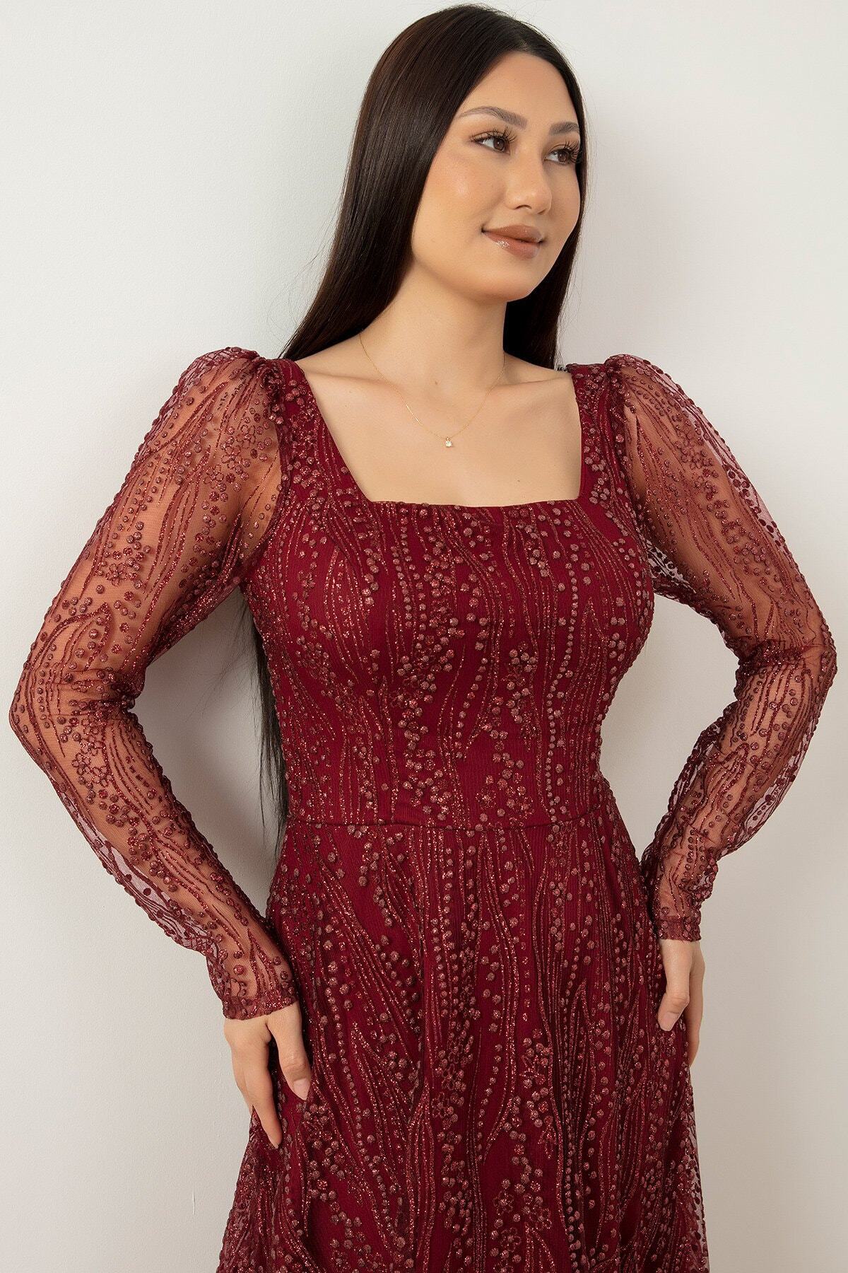 PULLIMM-Rochie de seară cu mânecă lungă cu sclipici Midiboy 39677 2