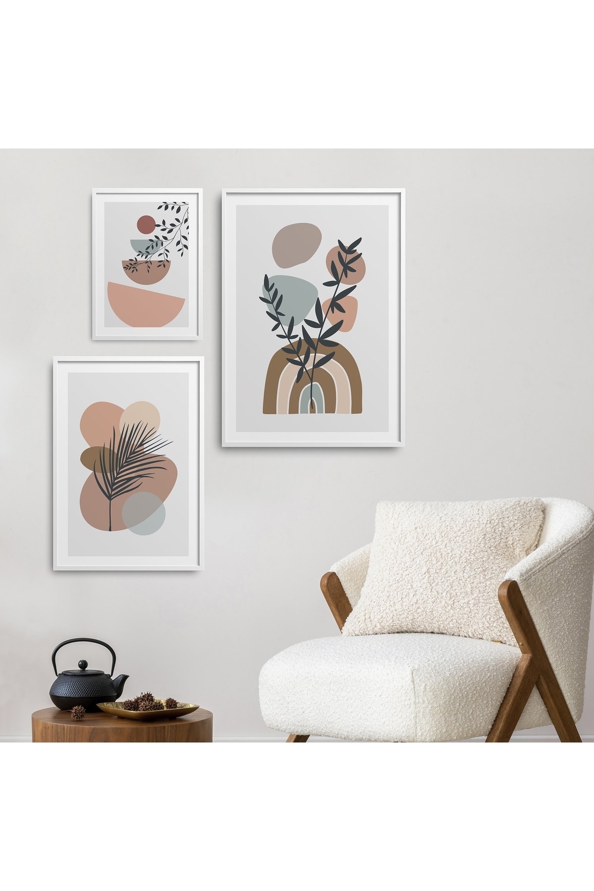 3-Piece Set Natural Wood Laminated Framed Leaf Boho Style Geometric Patterns Table Set Yn010