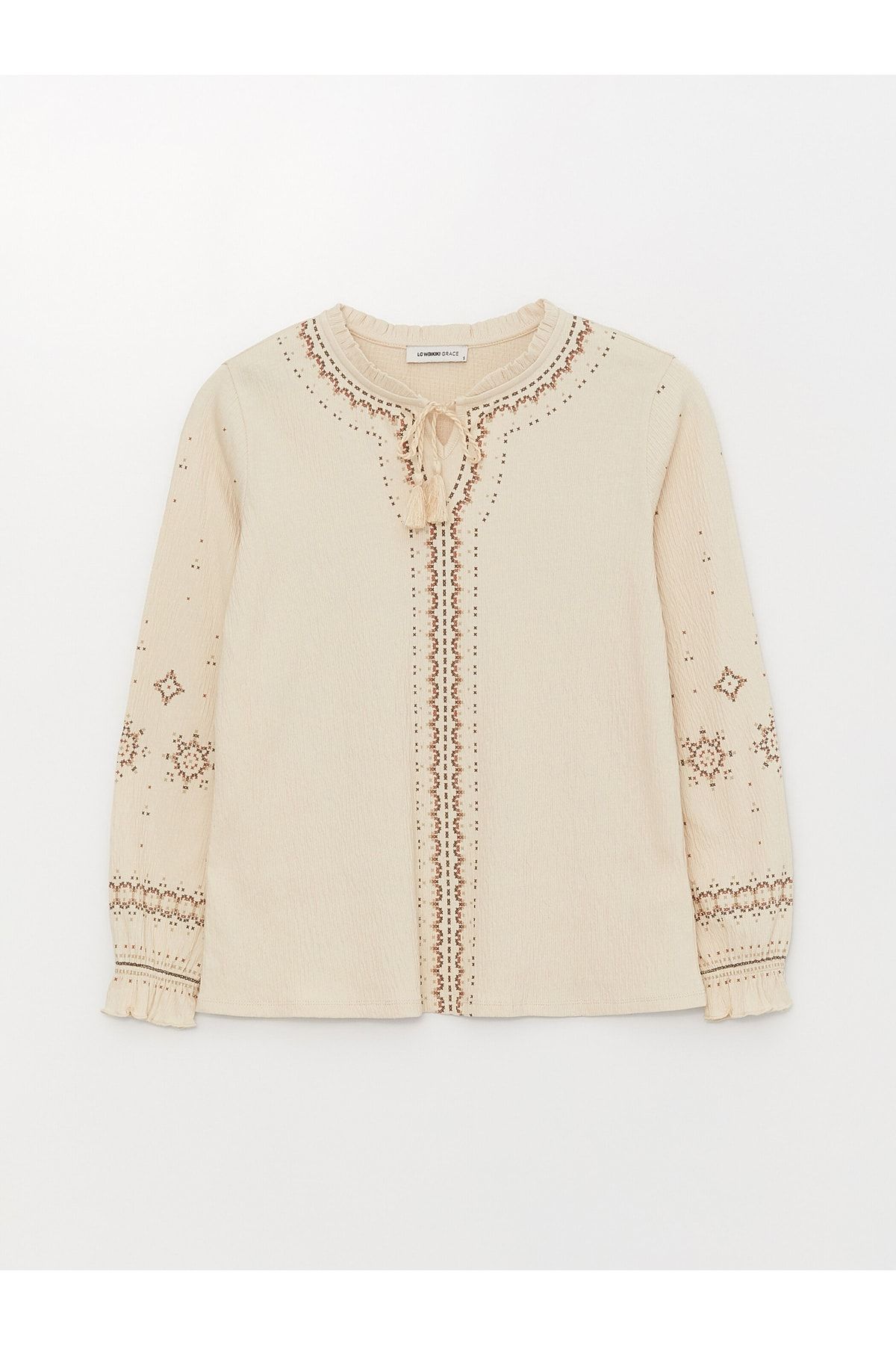 LC Waikiki-Damenbluse mit Stickerei-Detail, langen Ärmeln und gebundenem Kragen 1