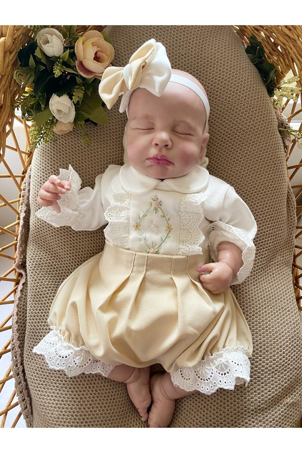 Mama Miel Baby Sütlü Kahve Fistolu Şort Ve Ekru El Işi Body Bandana Takım fotoğrafı 2 (önizleme)