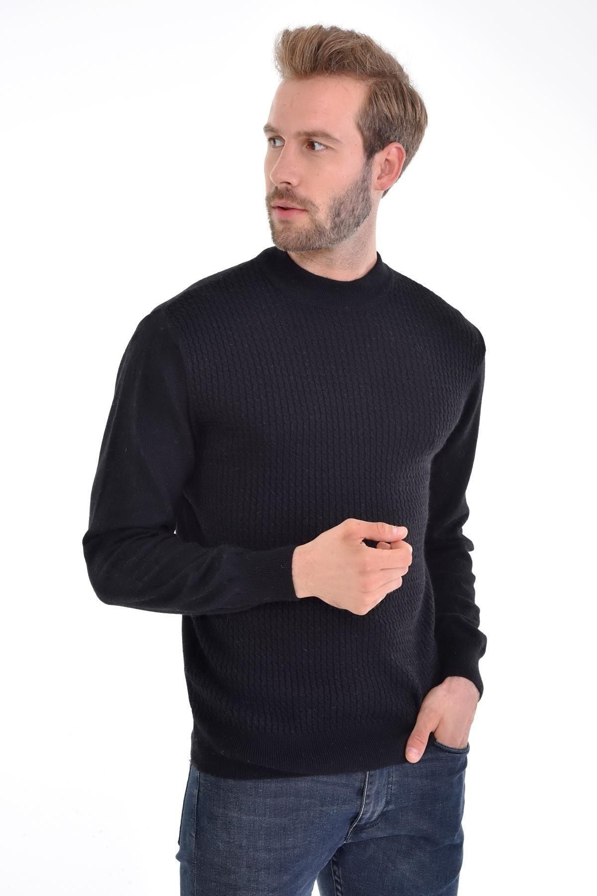Çizgi Triko-Men's Half Fisherman Angora Rabbit Wool Black Sweater Regular Pattern 3